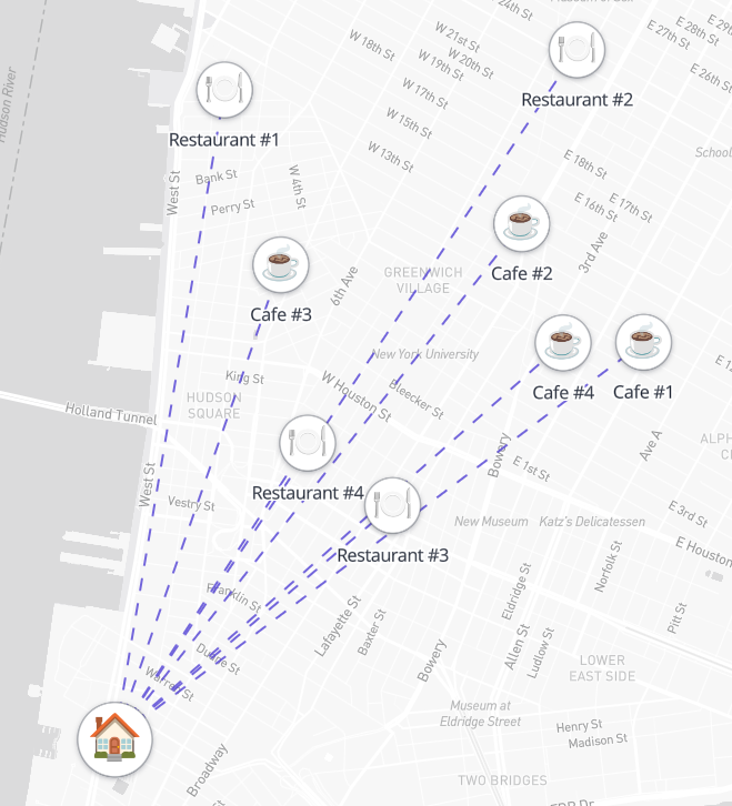 Restaurants and cafés plotted around one address