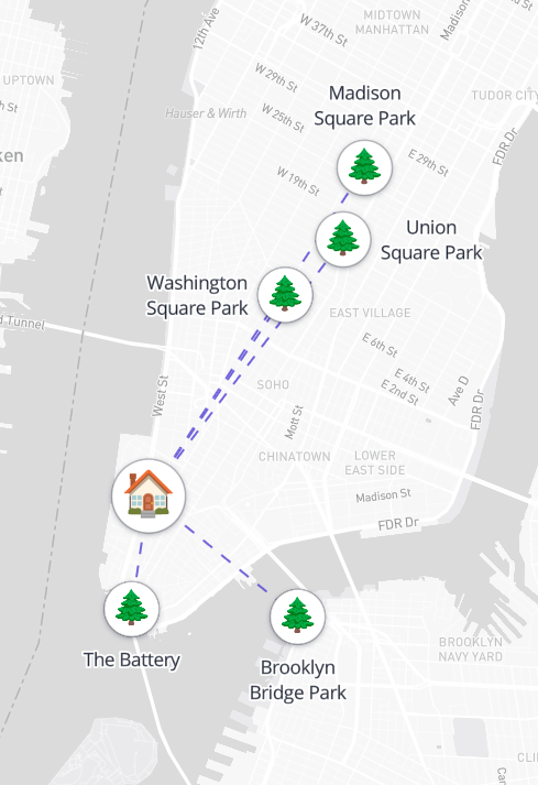 Parks proximity map with playgrounds and green space